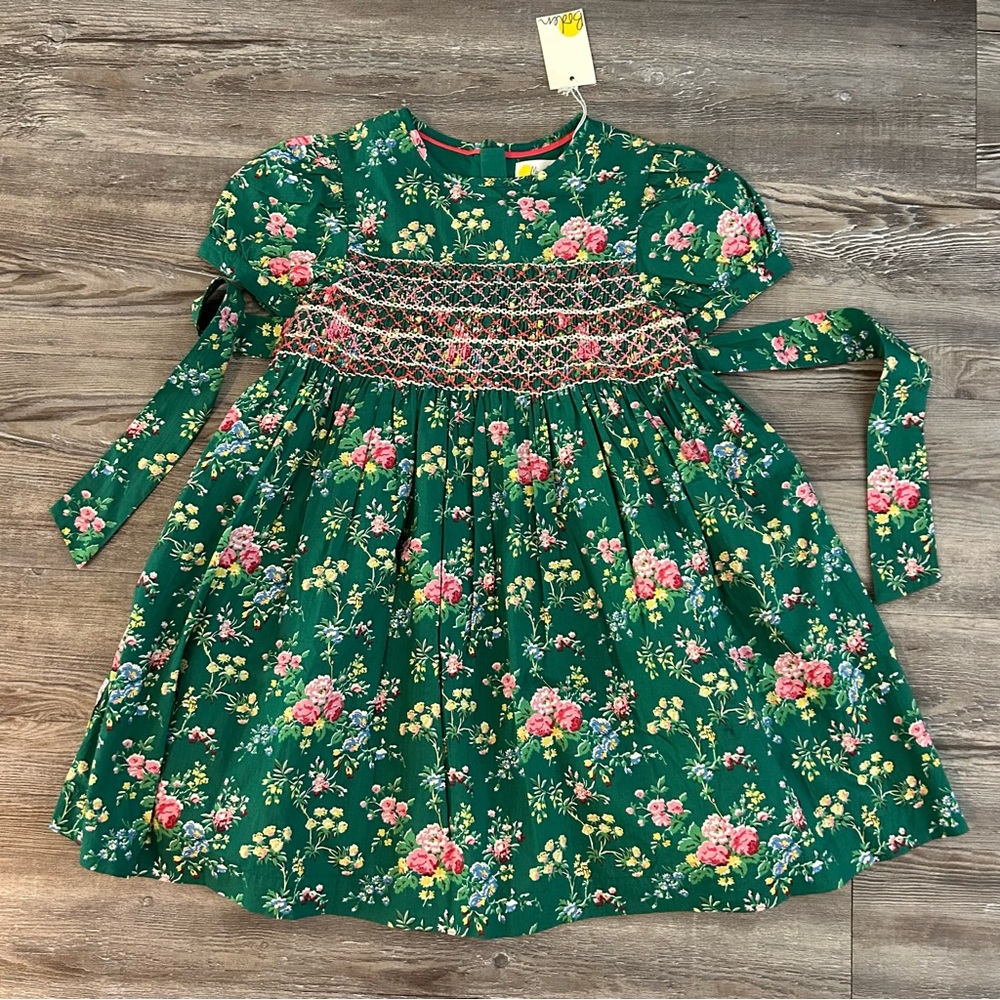 NWT Mini Boden Smocked Floral Green Dress Size 6/7